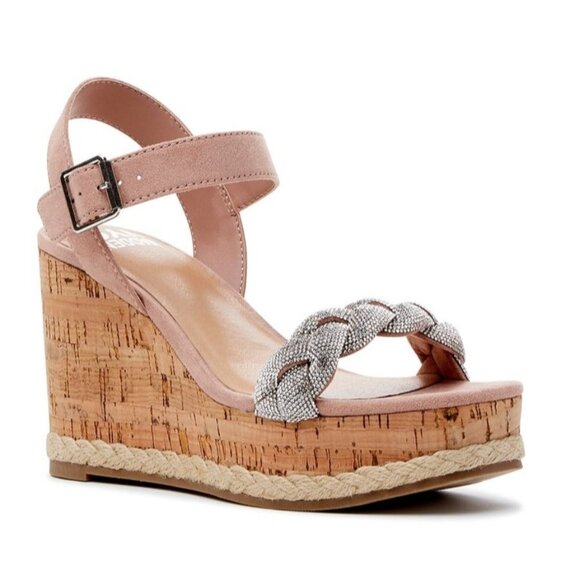 Madden Nyc Blush Braided Rhinestone Adjustable Strap Wedge Sandals Size 11 - Picture 1 of 10